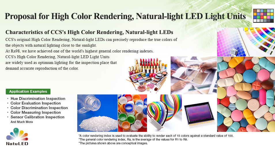 High Color Rendering, Natural-light LED Light Units for Industrial Use Proposal for High Color Rendering, Natural-light LED Light Units Characteristics of CCS's High Color Rendering, Natural-light LEDs CCS's original High Color Rendering, Natural-light LEDs can precisely reproduce the true colors of the objects with natural lighting close to the sunlight. At Ra98, we have achieved one of the world's highest general color rendering indexes. CCS's High Color Rendering, Natural-light LED Light Units are widely used as optimum lighting for the inspection place that demand accurate reproduction of the color.